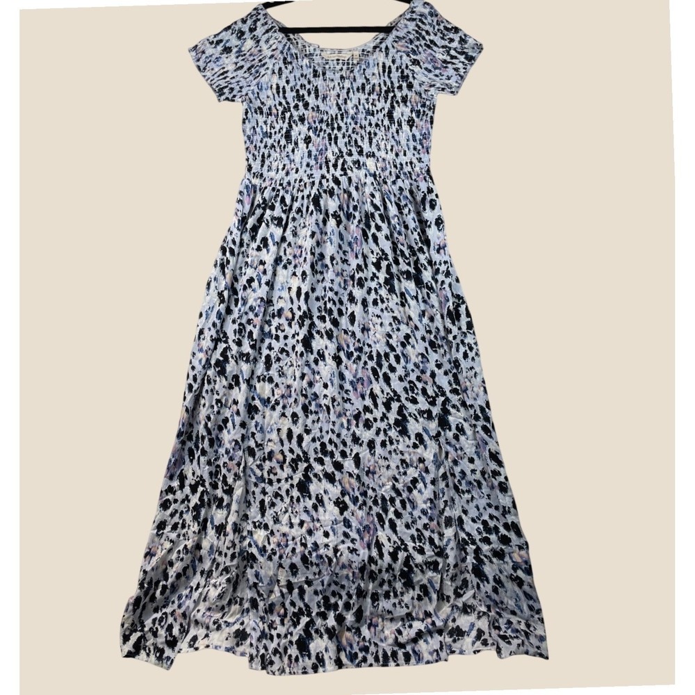 off shoulder maxi dress pastel animal print soft surroundings M flowy leg slits - Picture 2 of 9